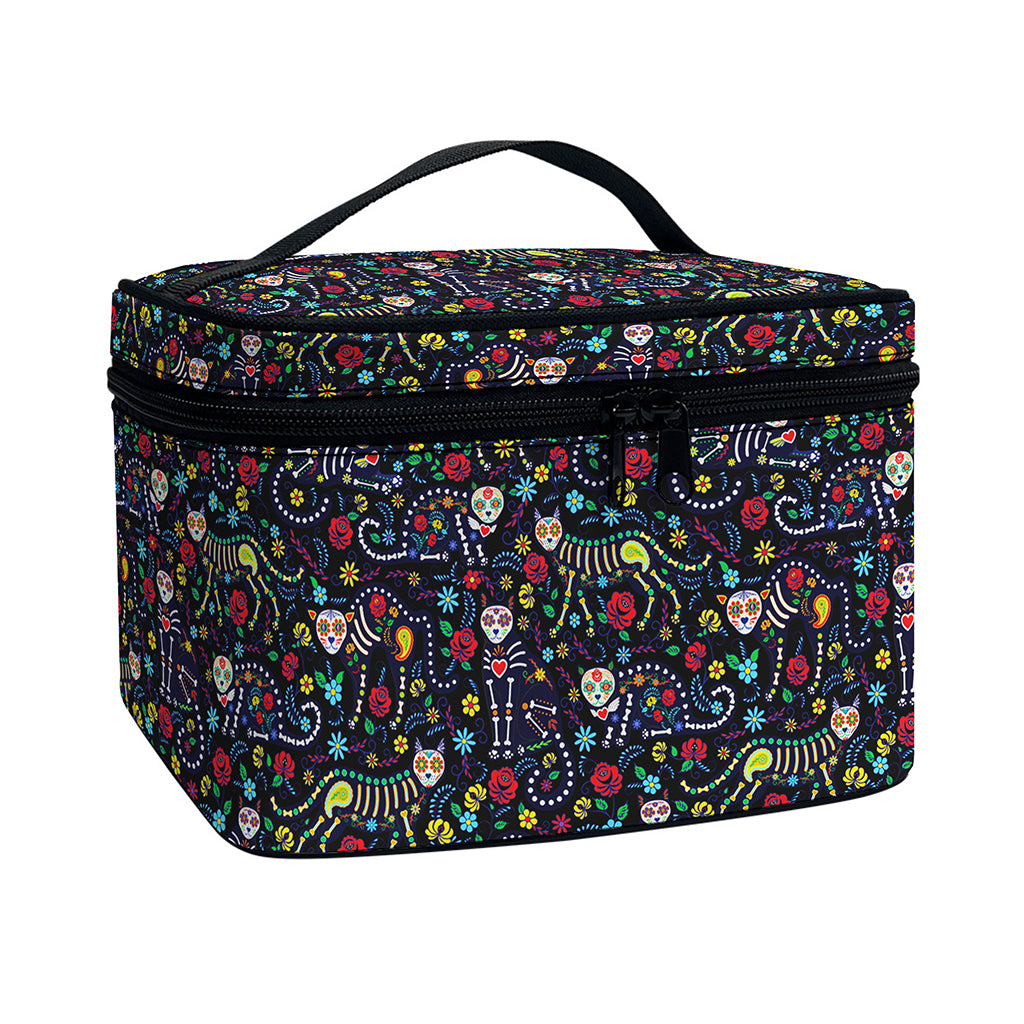 Day Of The Dead Calavera Cat Print Travel Makeup Bag