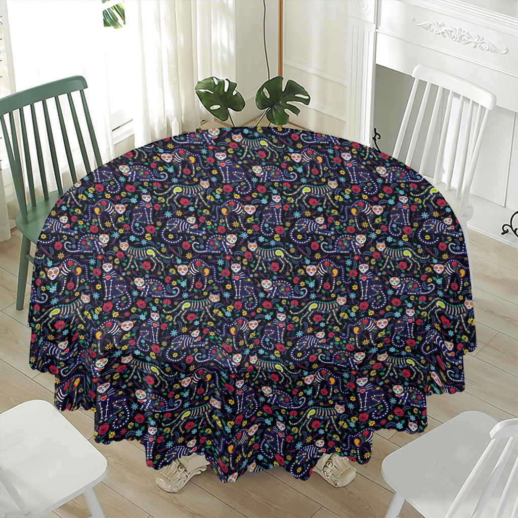 Day Of The Dead Calavera Cat Print Waterproof Round Tablecloth