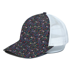 Day Of The Dead Calavera Cat Print White Mesh Trucker Cap