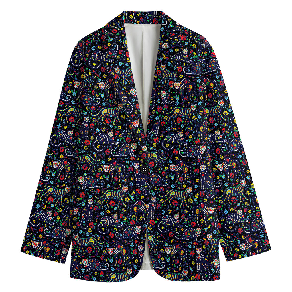 Day Of The Dead Calavera Cat Print Women's Blazer