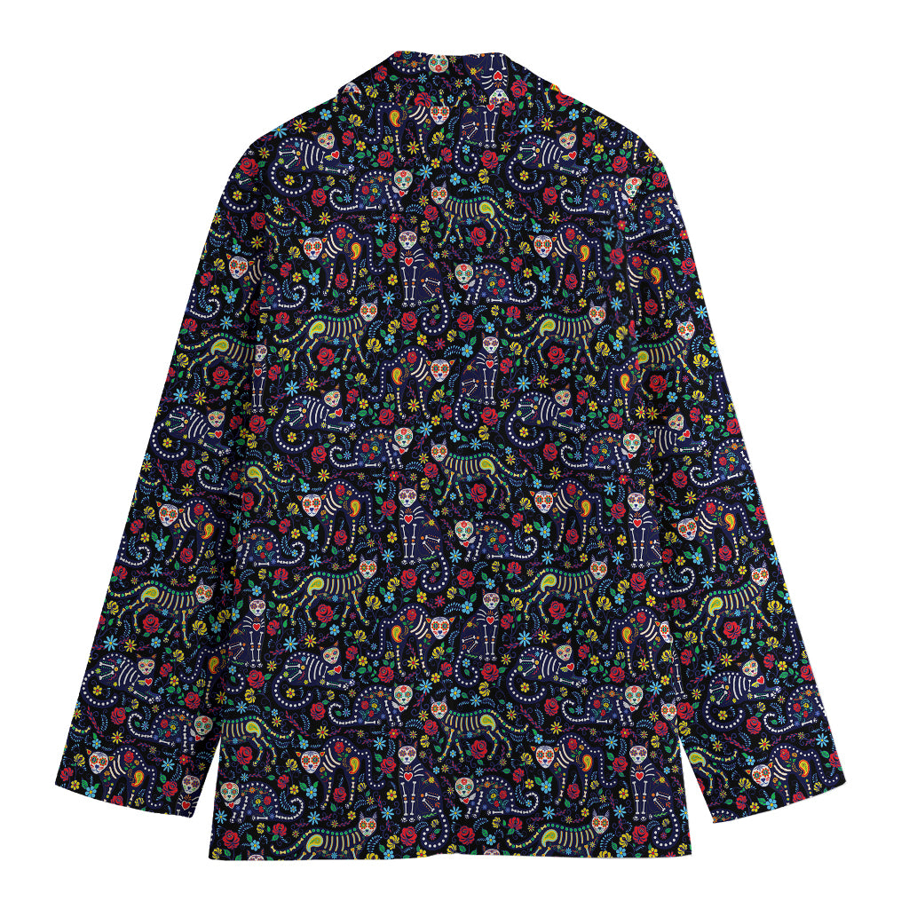 Day Of The Dead Calavera Cat Print Women's Blazer