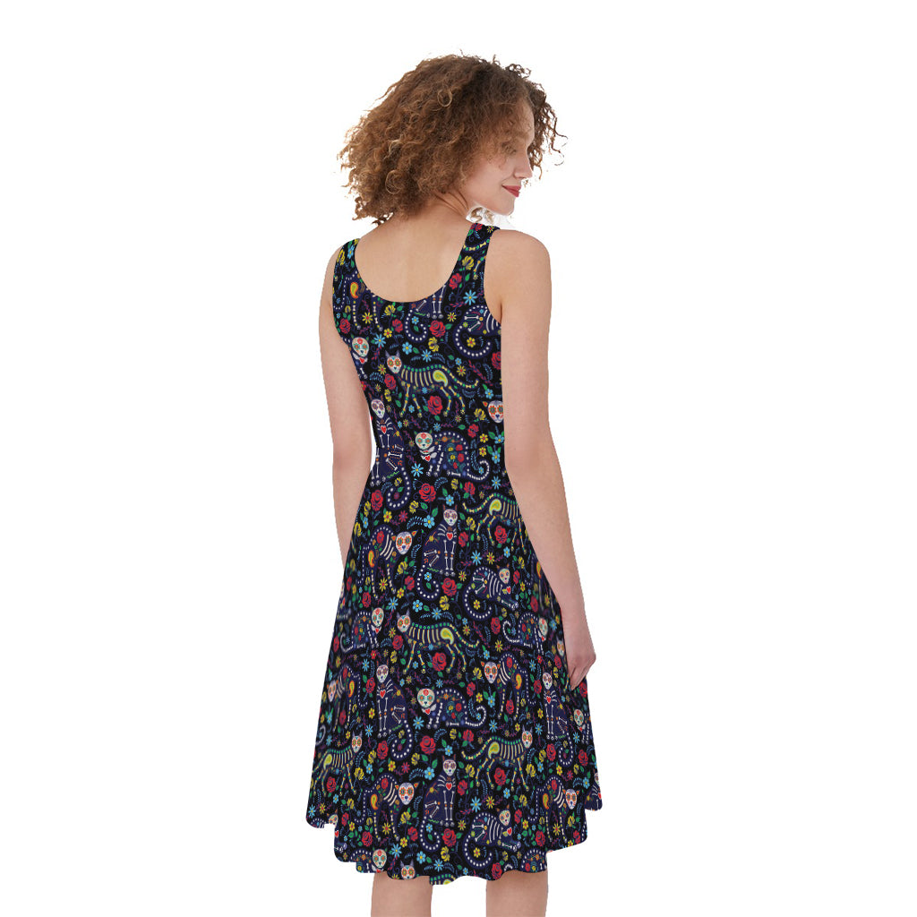 Day Of The Dead Calavera Cat Print Women's Sleeveless Dress