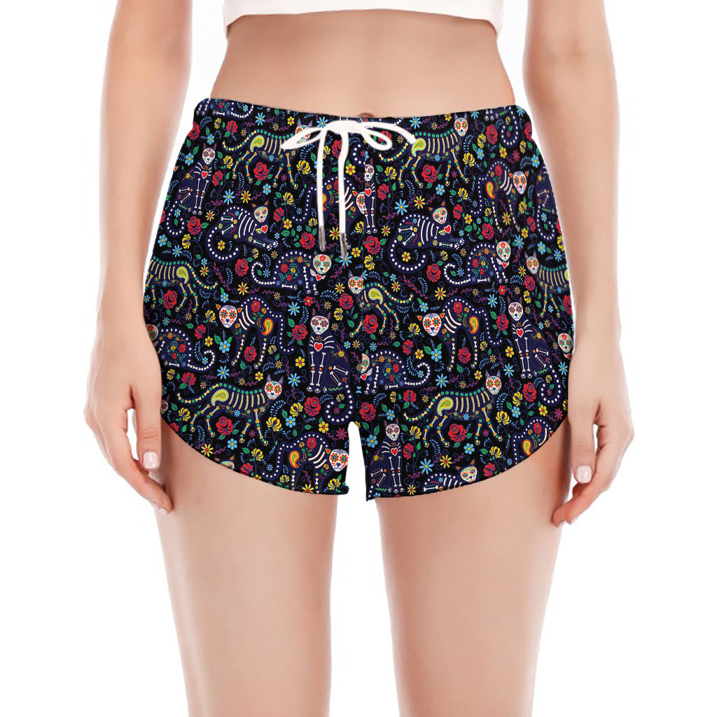 Day Of The Dead Calavera Cat Print Women's Split Running Shorts