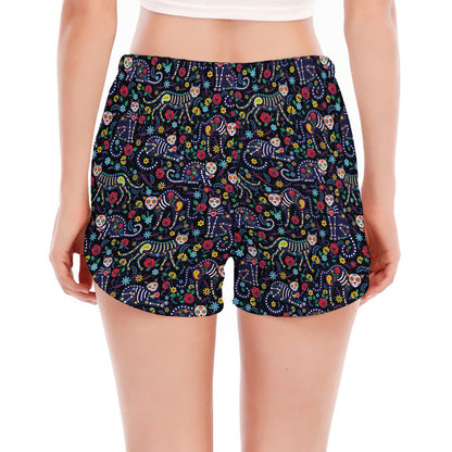Day Of The Dead Calavera Cat Print Women's Split Running Shorts