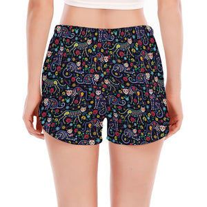 Day Of The Dead Calavera Cat Print Women's Split Running Shorts