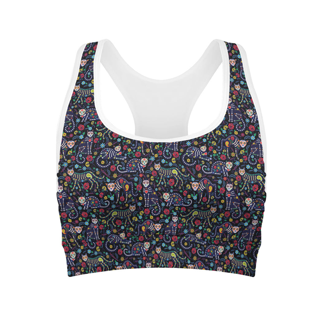 Day Of The Dead Calavera Cat Print Women's Sports Bra