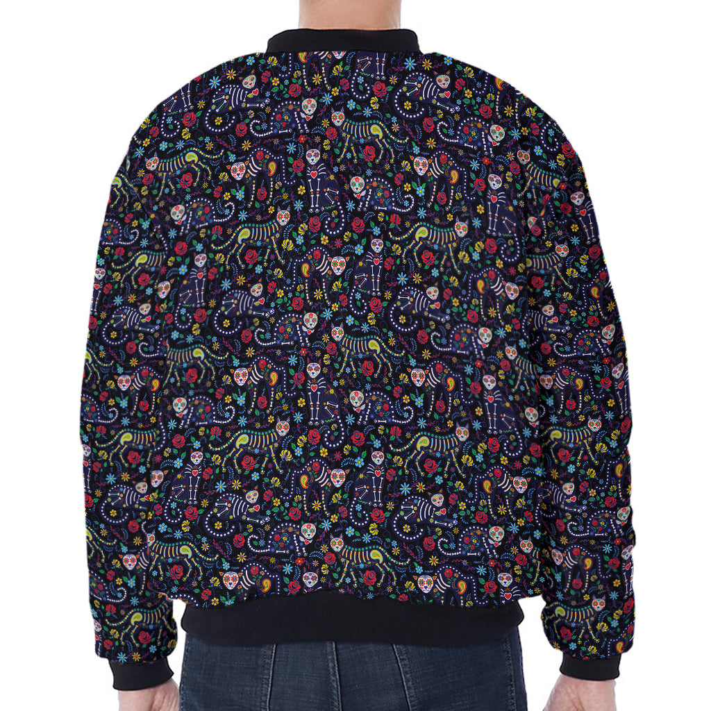 Day Of The Dead Calavera Cat Print Zip Sleeve Bomber Jacket