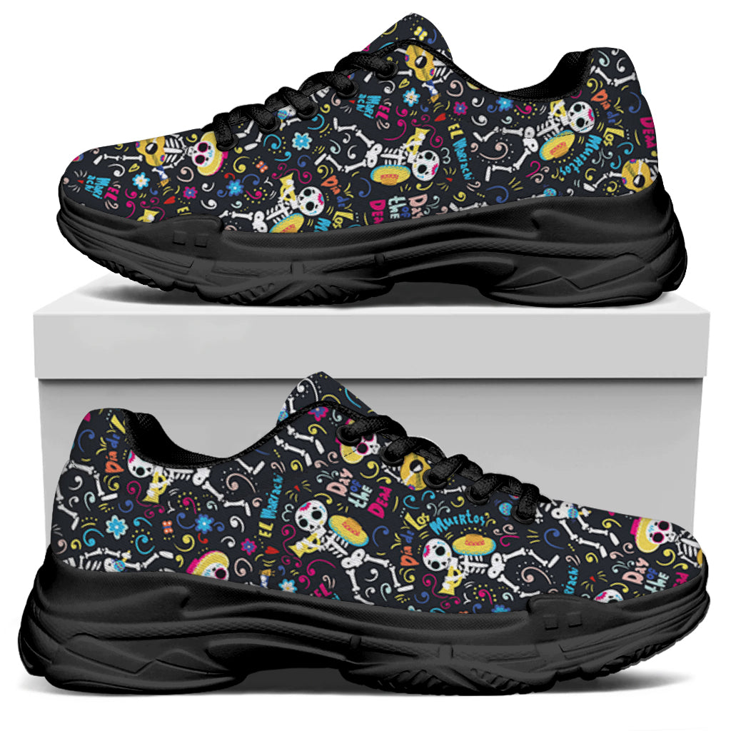 Day Of The Dead Mariachi Skeletons Print Black Chunky Shoes