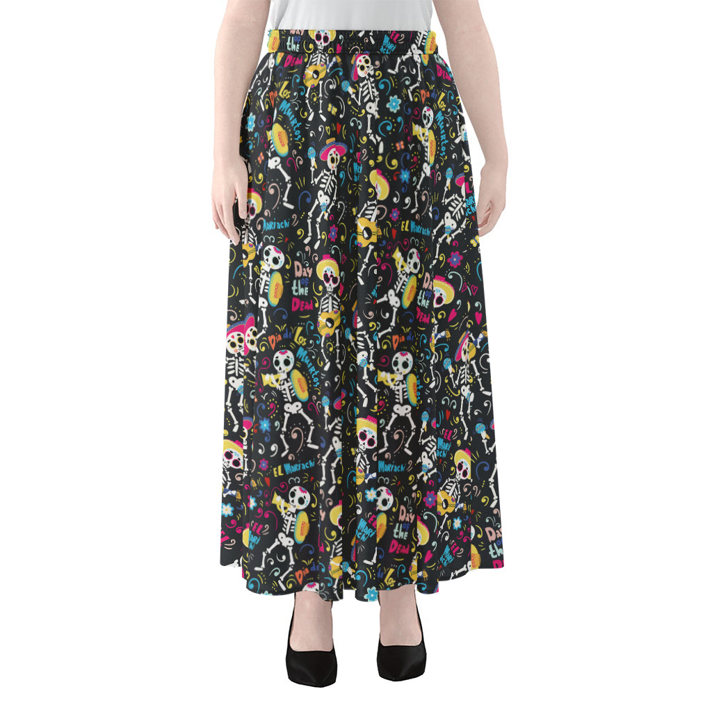 Day Of The Dead Mariachi Skeletons Print Chiffon Maxi Skirt