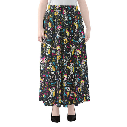 Day Of The Dead Mariachi Skeletons Print Chiffon Maxi Skirt