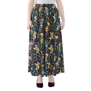 Day Of The Dead Mariachi Skeletons Print Chiffon Maxi Skirt