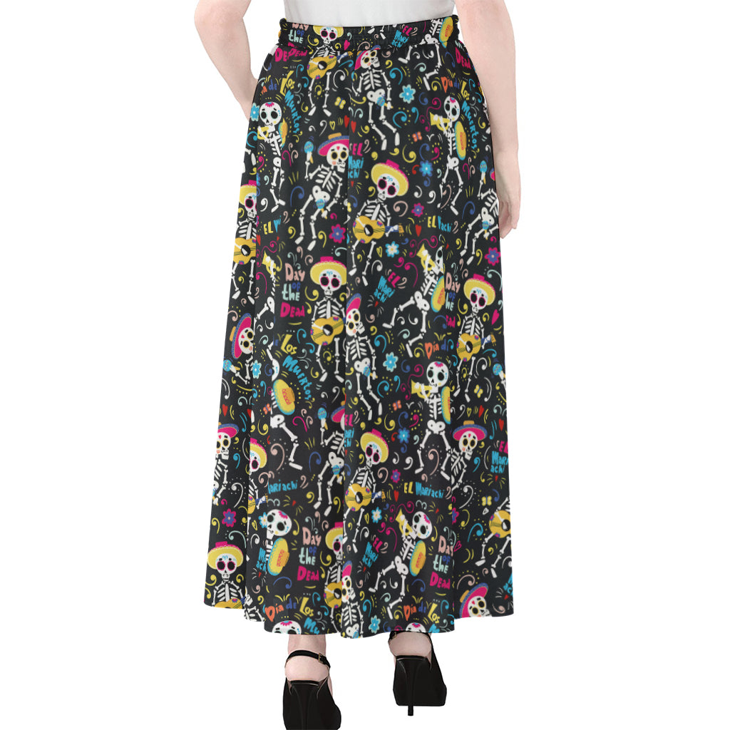 Day Of The Dead Mariachi Skeletons Print Chiffon Maxi Skirt