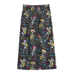 Day Of The Dead Mariachi Skeletons Print Cotton Front Slit Maxi Skirt