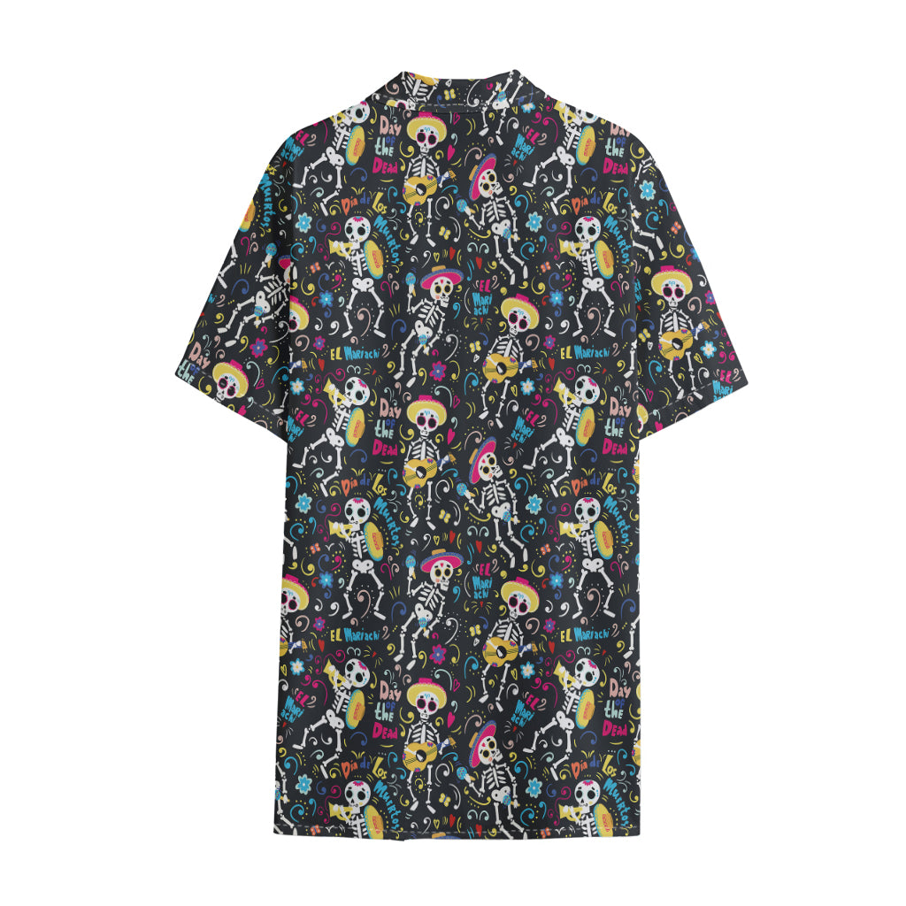 Day Of The Dead Mariachi Skeletons Print Cotton Hawaiian Shirt