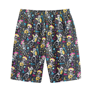 Day Of The Dead Mariachi Skeletons Print Cotton Shorts