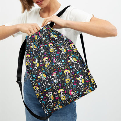 Day Of The Dead Mariachi Skeletons Print Drawstring Backpack