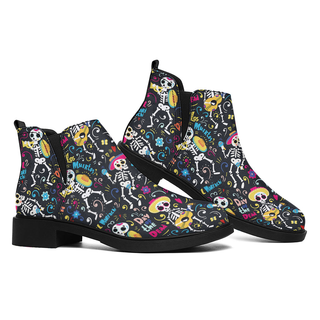 Day Of The Dead Mariachi Skeletons Print Flat Ankle Boots