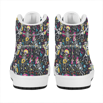 Day Of The Dead Mariachi Skeletons Print High Top Leather Sneakers
