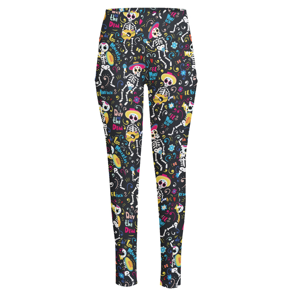 Day Of The Dead Mariachi Skeletons Print High-Waisted Pocket Leggings