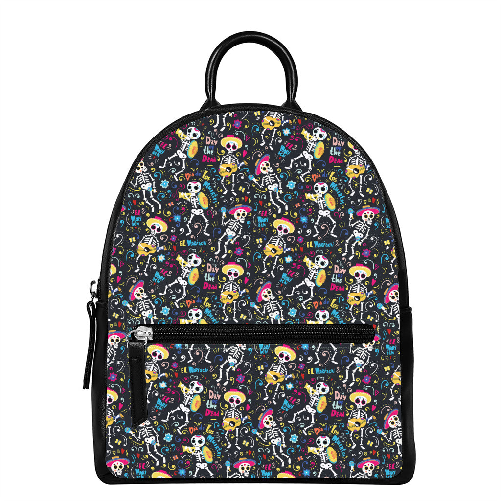 Day Of The Dead Mariachi Skeletons Print Leather Backpack