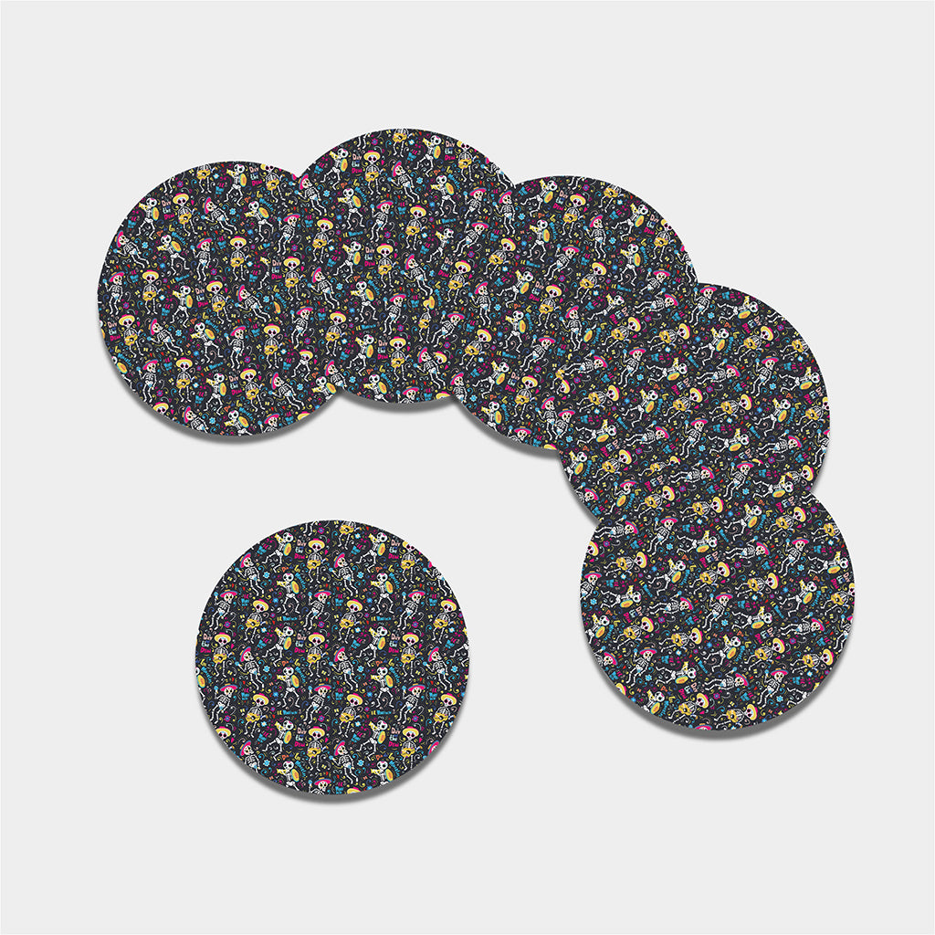 Day Of The Dead Mariachi Skeletons Print Leather Coaster Set