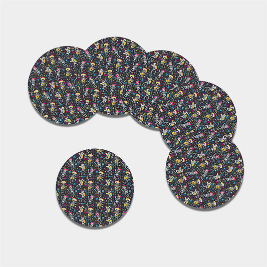 Day Of The Dead Mariachi Skeletons Print Leather Coaster Set