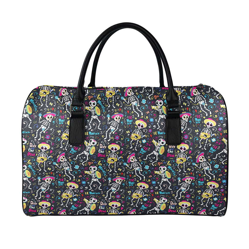 Day Of The Dead Mariachi Skeletons Print Leather Duffle Bag
