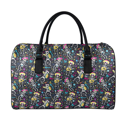 Day Of The Dead Mariachi Skeletons Print Leather Duffle Bag