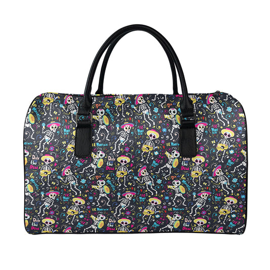 Day Of The Dead Mariachi Skeletons Print Leather Duffle Bag