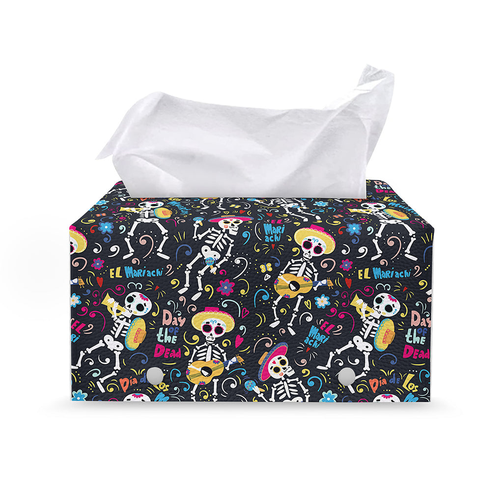Day Of The Dead Mariachi Skeletons Print Leather Tissue Box Cover