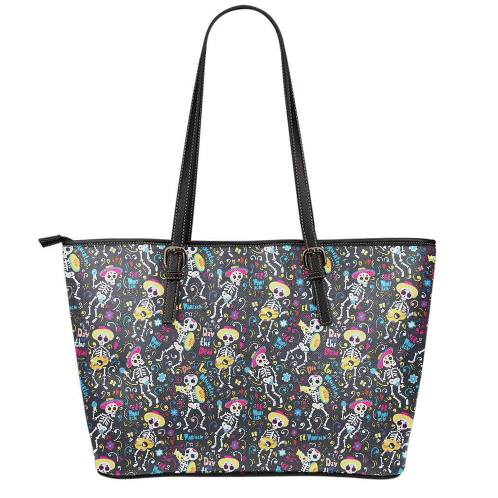 Day Of The Dead Mariachi Skeletons Print Leather Tote Bag