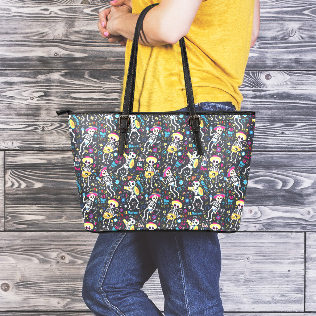 Day Of The Dead Mariachi Skeletons Print Leather Tote Bag