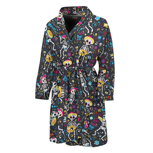 Day Of The Dead Mariachi Skeletons Print Men's Bathrobe