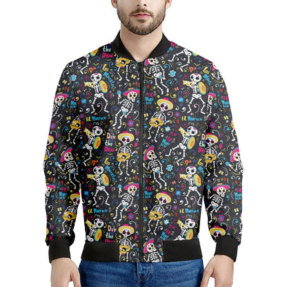 Day Of The Dead Mariachi Skeletons Print Men's Bomber Jacket