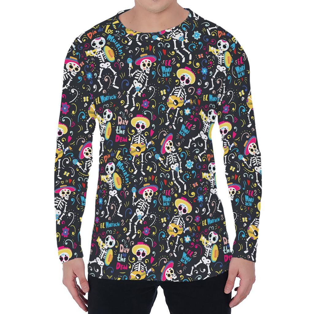 Day Of The Dead Mariachi Skeletons Print Men's Long Sleeve T-Shirt