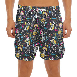 Day Of The Dead Mariachi Skeletons Print Men's Split Running Shorts