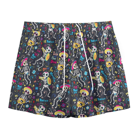 Day Of The Dead Mariachi Skeletons Print Mesh Shorts