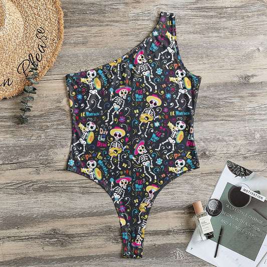 Day Of The Dead Mariachi Skeletons Print One Shoulder Bodysuit