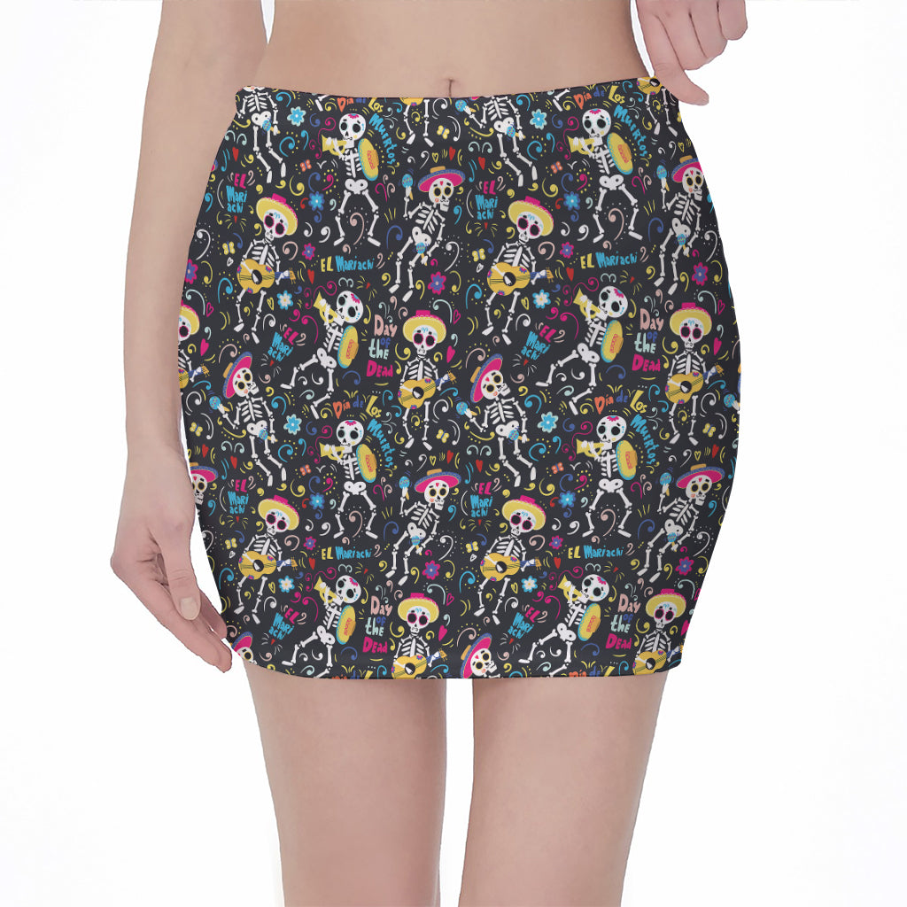 Day Of The Dead Mariachi Skeletons Print Pencil Mini Skirt