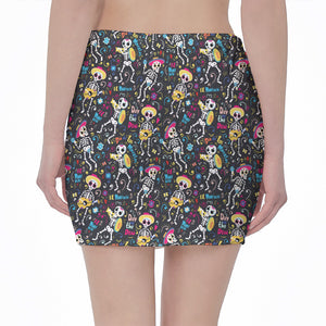 Day Of The Dead Mariachi Skeletons Print Pencil Mini Skirt