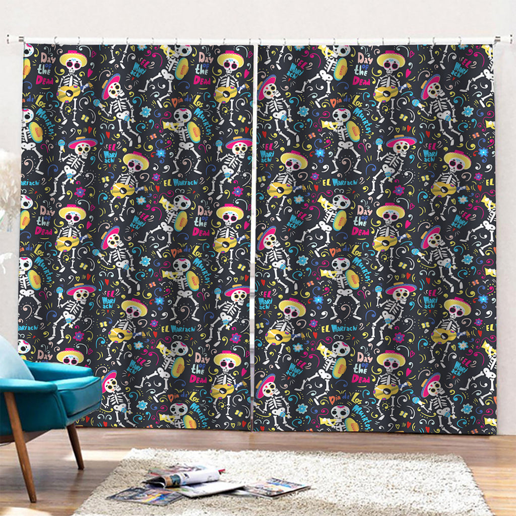 Day Of The Dead Mariachi Skeletons Print Pencil Pleat Curtains