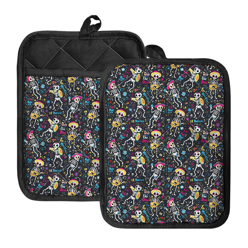 Day Of The Dead Mariachi Skeletons Print Pot Holders With Pocket