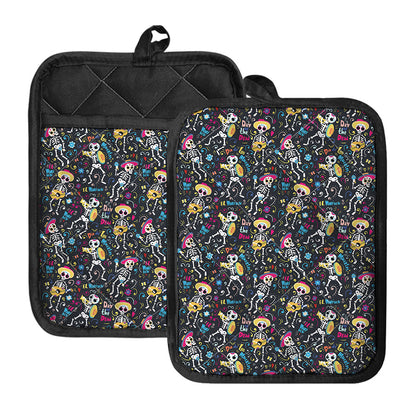 Day Of The Dead Mariachi Skeletons Print Pot Holders With Pocket