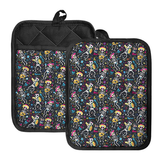 Day Of The Dead Mariachi Skeletons Print Pot Holders With Pocket