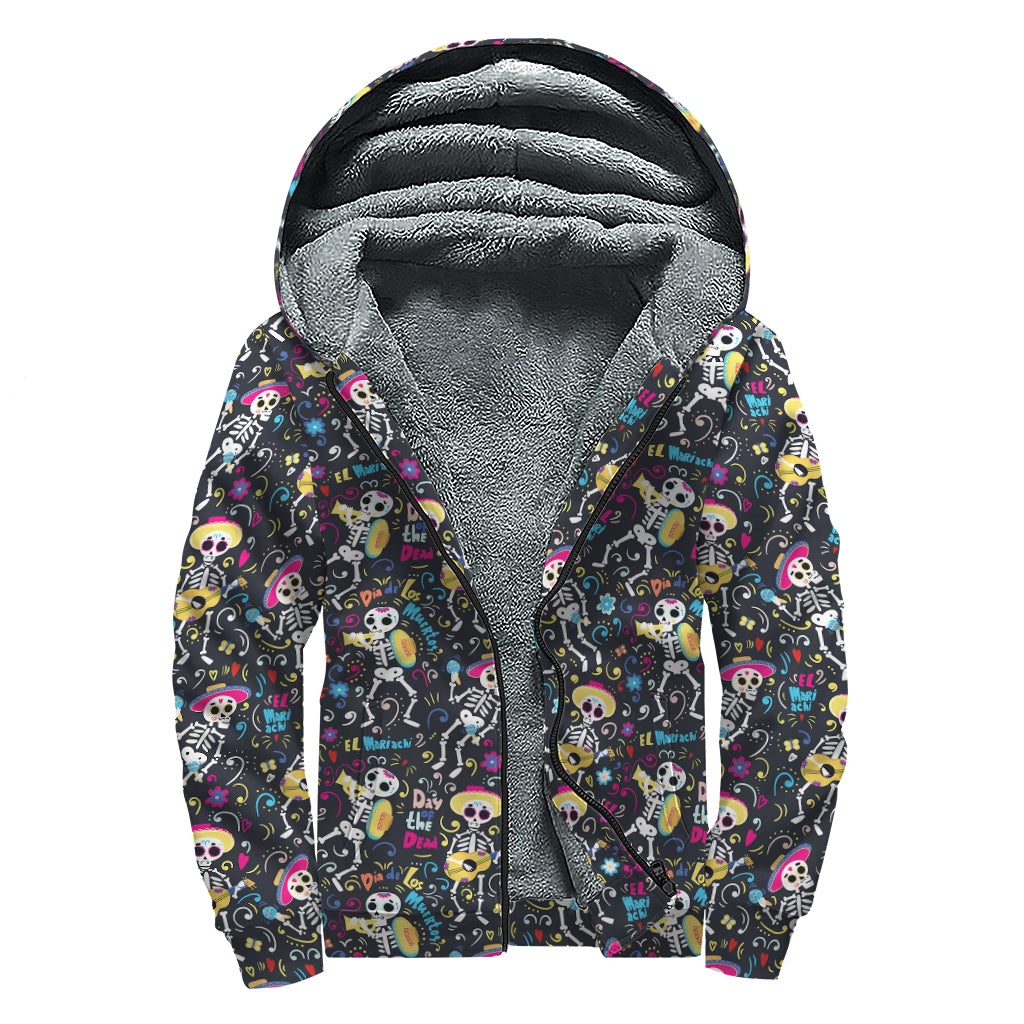 Day Of The Dead Mariachi Skeletons Print Sherpa Lined Zip Up Hoodie