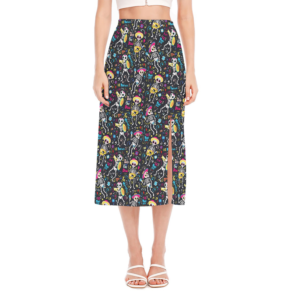 Day Of The Dead Mariachi Skeletons Print Side Slit Midi Skirt