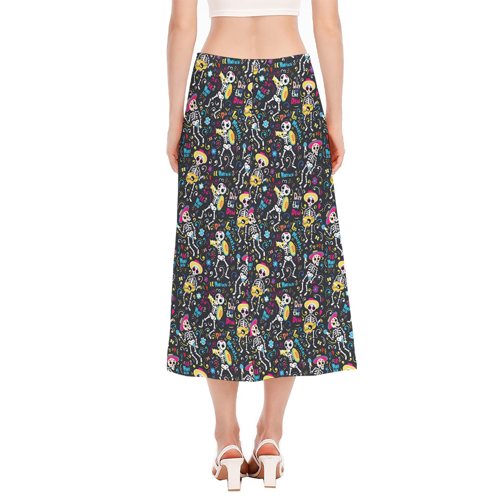 Day Of The Dead Mariachi Skeletons Print Side Slit Midi Skirt