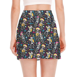 Day Of The Dead Mariachi Skeletons Print Side Slit Mini Skirt