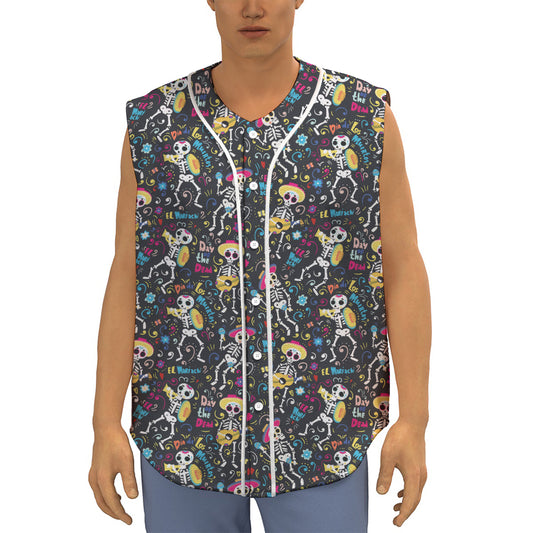 Day Of The Dead Mariachi Skeletons Print Sleeveless Baseball Jersey