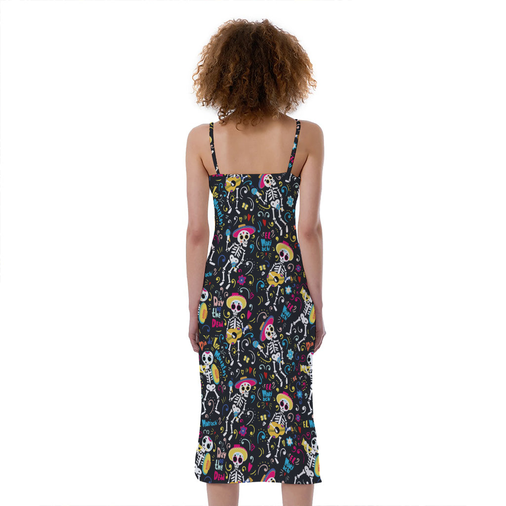 Day Of The Dead Mariachi Skeletons Print Slim Fit Midi Cami Dress